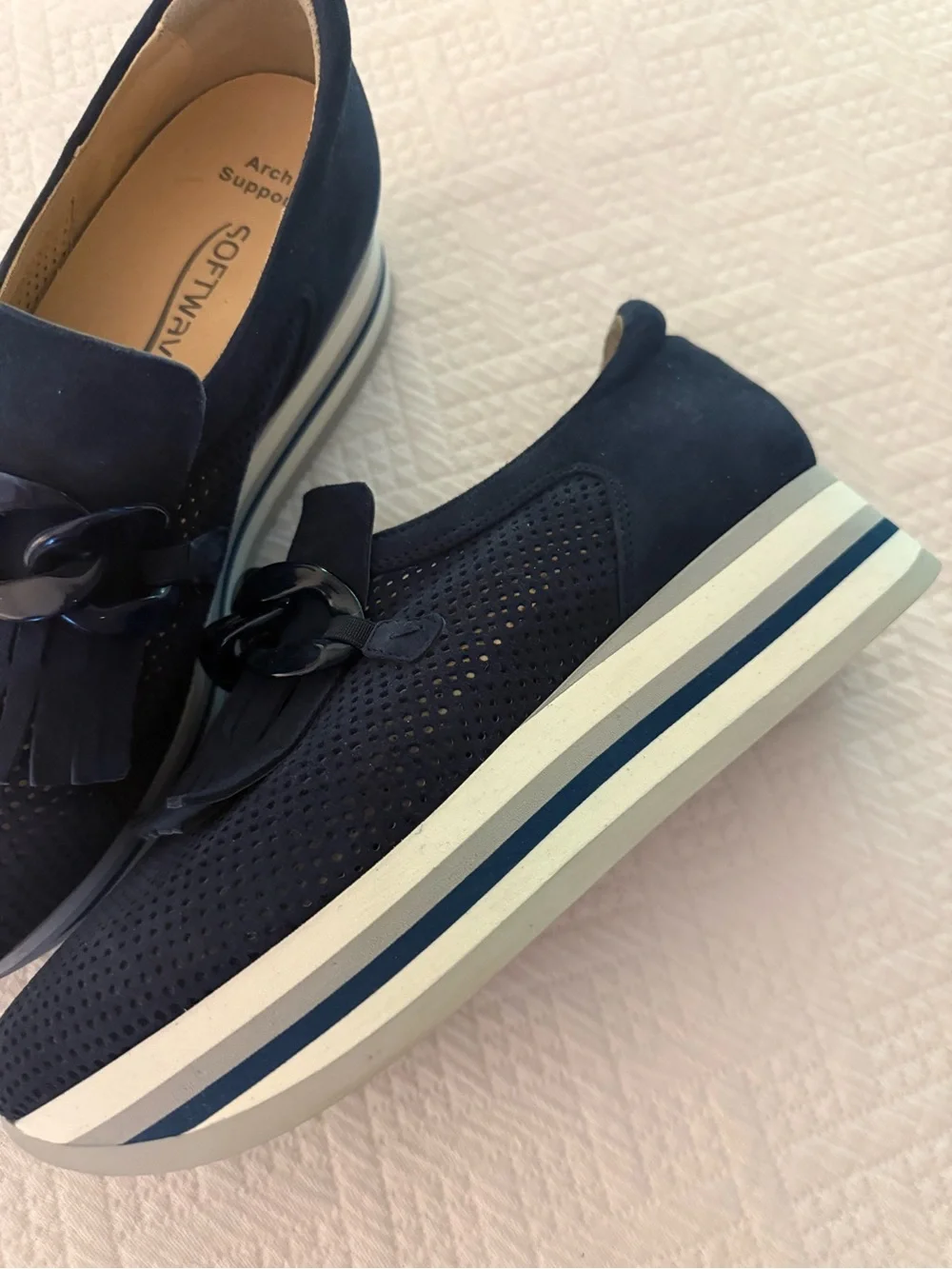 Navy Perforated Fringe Loafers with Glossy Chain
